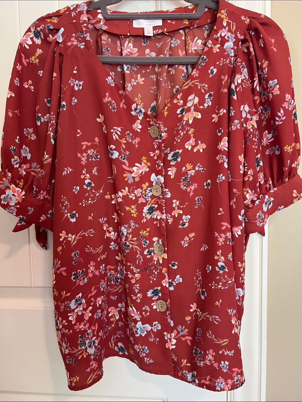 LC Lauren Conrad Red Rust Floral Button-Front Puff Sleeve Blouse